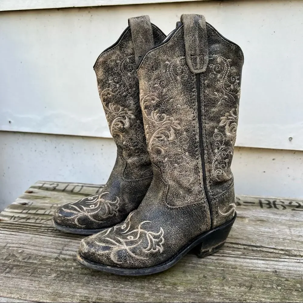 Old West Kids Vintage Charcoal with Fancy Embroidery Snip Toe Western Boots
